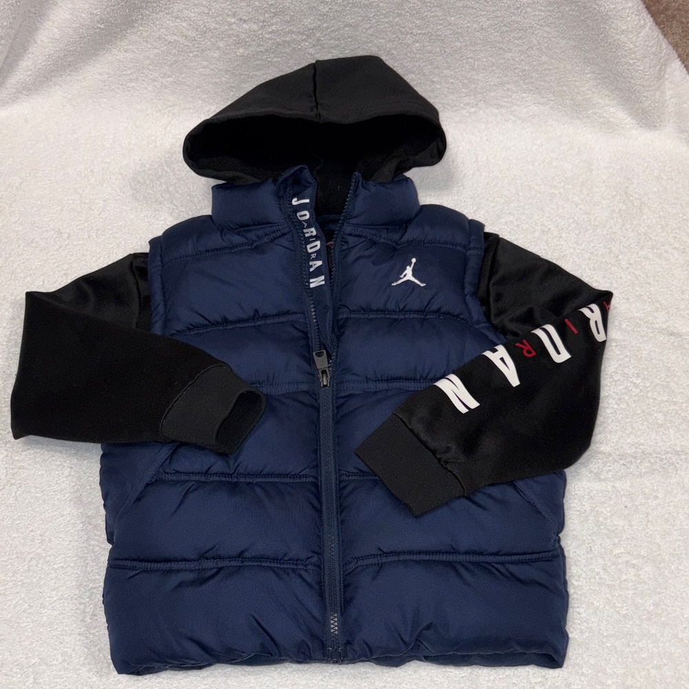 Air Jordan Black and Navy Puffer Vest with Hoodie boys medium 5/6